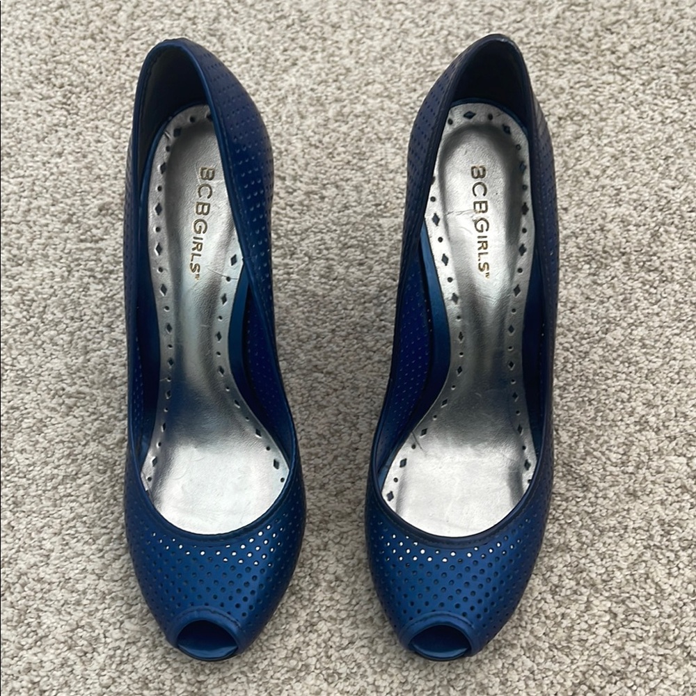 BCBGirls Blue Peep Toe Wedge Heels